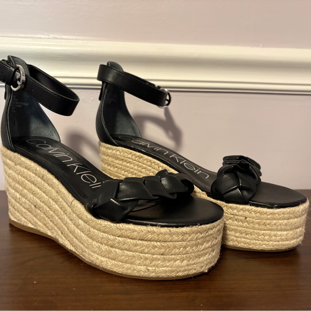 Calvin Klein Black and Tan Wedge Sandals